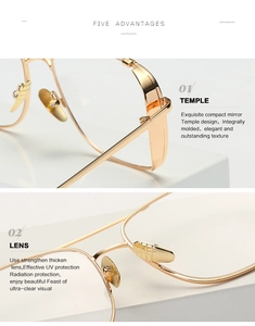 Detail view of gold metal sunglasses showing thickened UV protection lenses and sleek temples