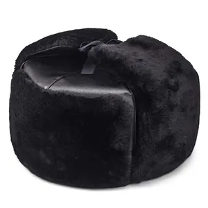 Men Winter Trapper Hat PU Leather Faux Fur Ear Flaps Windproof Thermal Ushanka Cap Black Outdoor Cold Weather