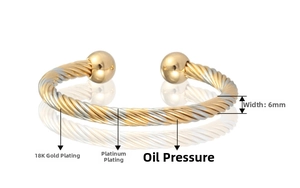 Detail of 6mm twisted cable bracelet with silver and gold plating and spherical ends