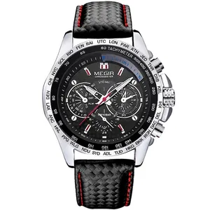 MEGIR sports watch with black carbon fiber leather strap and luminous silver steel dial