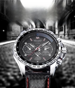 Detailed view of MEGIR men's sports watch with black leather strap and red stitching
