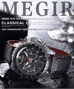 Detail of MEGIR 1010 quartz watch dial with water droplets on high-quality mineral glass
