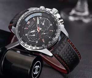 Macro shot of MEGIR chronograph watch with black leather strap and world city bezel