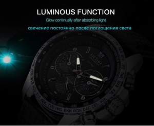 Detailed view of Megir sport watch featuring luminous hands and tachymeter bezel