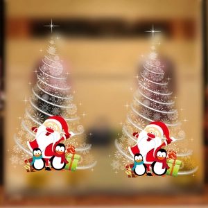 Christmas window stickers with Santa, penguin, and white snowflake tree for holiday decor