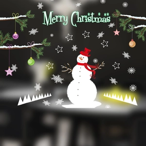 Detailed Christmas window sticker featuring a cartoon snowman, pine branches, and snowflakes