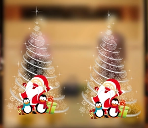Detailed view of Christmas tree and Santa window stickers with snowflakes and gift boxes