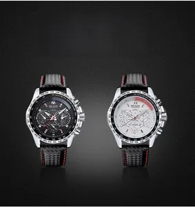 Close-up of MEGIR sports watches with carbon fiber straps and tachymeter dials