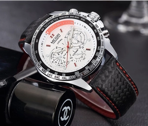 Macro detail of MEGIR men's chronograph watch with white dial and red stitched leather strap