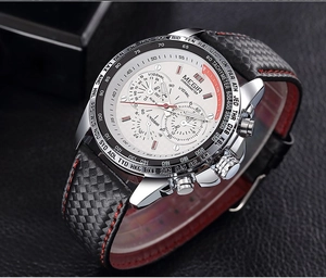 Detail of silver stainless steel case and white dial with black carbon fiber leather strap