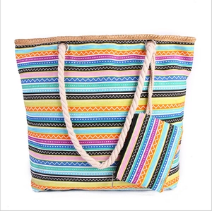 Bohemian Canvas Tote Bag And Matching Pouch Cotton Rope Straps Large Capacity Beach Vacation Ethnic Style Women