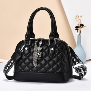 Women Quilted PU Leather Handbag With Bear Pendant And Tassel Fashion Shell Crossbody Bag Wide Shoulder Strap