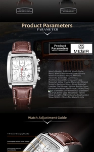 Detailed spec sheet for MEGIR square men's watch with brown leather strap and chronograph