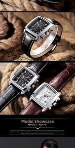 Close-up of square multifunctional chronograph watches with leather straps and nautical decor