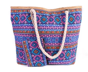 Colorful Bohemian canvas beach tote bag with matching coin purse and rope handles