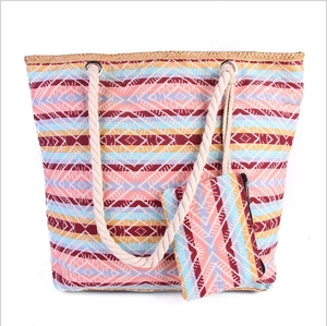 Colorful ethnic canvas tote bag with hemp rope handles and matching small coin purse