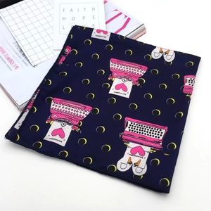 Navy blue square silk scarf with pink typewriter and red heart print patterns