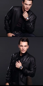 Detail of a men's black leather jacket featuring a stand collar and zip closure