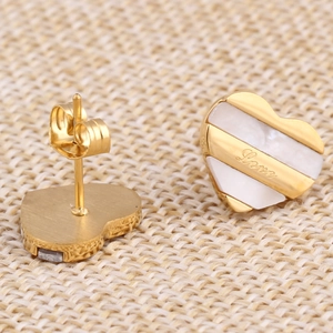 Vintage 18K gold heart stud earrings with shell texture and engraved Love script