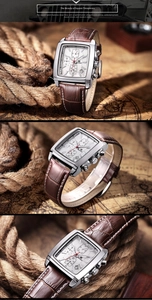 Macro detail of men's square chronograph watch with brown leather strap and silver dial