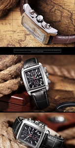 Detail of MEGIR square men's chronograph watch with leather strap on vintage nautical map