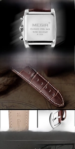 Detail of MEGIR men's sport watch showing genuine leather strap and stainless steel back cover