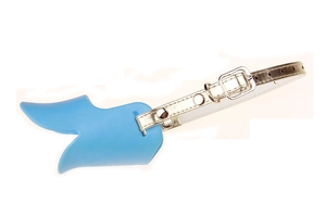Detail of adjustable faux leather strap and buckle on blue silicone duck bill dog muzzle