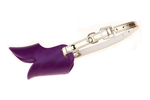 Purple silicone duck-bill muzzle for dogs with cream white adjustable leather strap