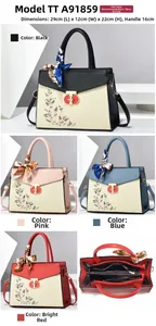 Detailed size specifications and interior compartments of the embroidered handbag with scarf