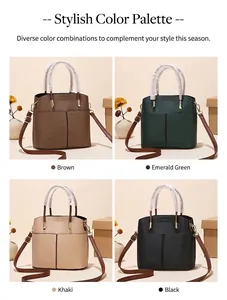 Detailed grid view of minimalist faux leather handbags in coffee, green, khaki, and black