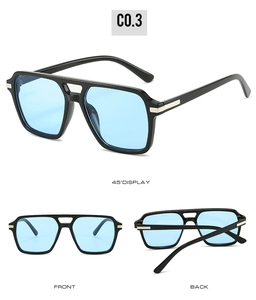Three-view display of black square frame sunglasses with light blue translucent lenses