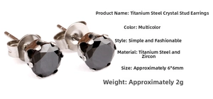 Detailed view of 6mm black zircon stud earrings with six-prong titanium steel setting