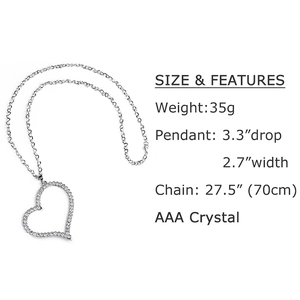 Sparkling silver alloy sweater necklace with large AAA crystal hollow heart pendant