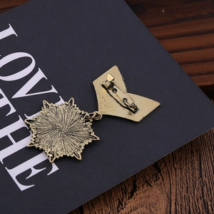 Retro bronze badge brooch with star and shield design on a dark background for suits