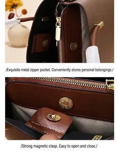 Detail of crossbody bag interior with gold metal zipper and magnetic snap button