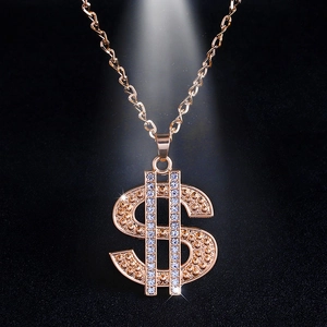 Collar de hip-hop dorado con colgante de signo de dólar y cristales brillantes incrustados