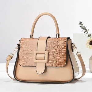 Elegant beige crossbody bag with crocodile texture flap and gold hardware accents