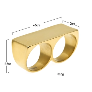 Men's gold double finger stainless steel ring with flat top in punk hip hop style