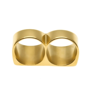 Men's hip-hop double finger ring in polished gold vacuum-plated stainless steel