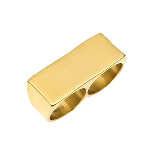 Detail of gold double-finger stainless steel ring with polished finish and S.Steel stamp