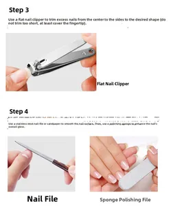 Three-step manicure process showing nail clipper, metal file, and polishing block use