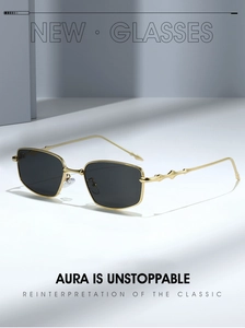 Detail view of gold metal frames and geometric temples on stylish square sunglasses
