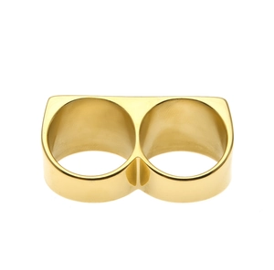 Detail of a two-finger gold stainless steel ring with a bold punk square design