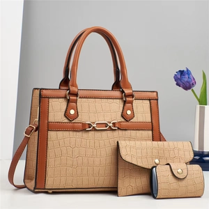 Three-piece stone texture handbag set in khaki with crocodile embossed tote and wallet