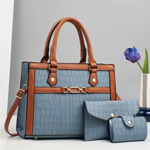 Three-piece light blue crocodile texture handbag set with brown trim and gold H buckle