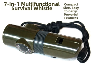 Detail of 7-in-1 survival whistle featuring an integrated compass and black lanyard strap