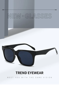 Detail showing the geometric square black frame and dark tinted lenses of these trendy sunglasses