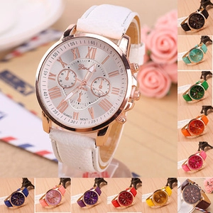 Detailed display of colorful leather strap quartz watches with Roman numeral dial design