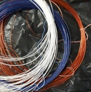 Detailed view of translucent nylon monofilament threads in blue, white, and red brown colors