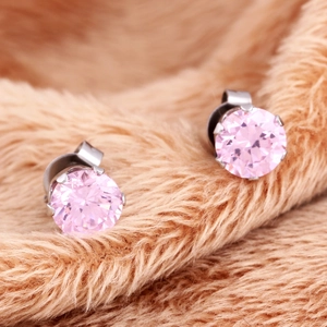 6mm pink cubic zirconia stainless steel stud earrings with silver prong setting